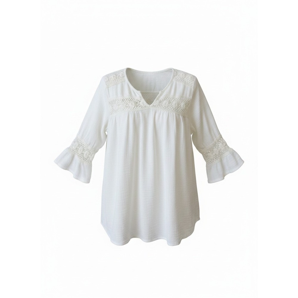 World Market Blouse Crochet Lace Boho Bell Sleeve S/M Ivory Peasant‎ Top